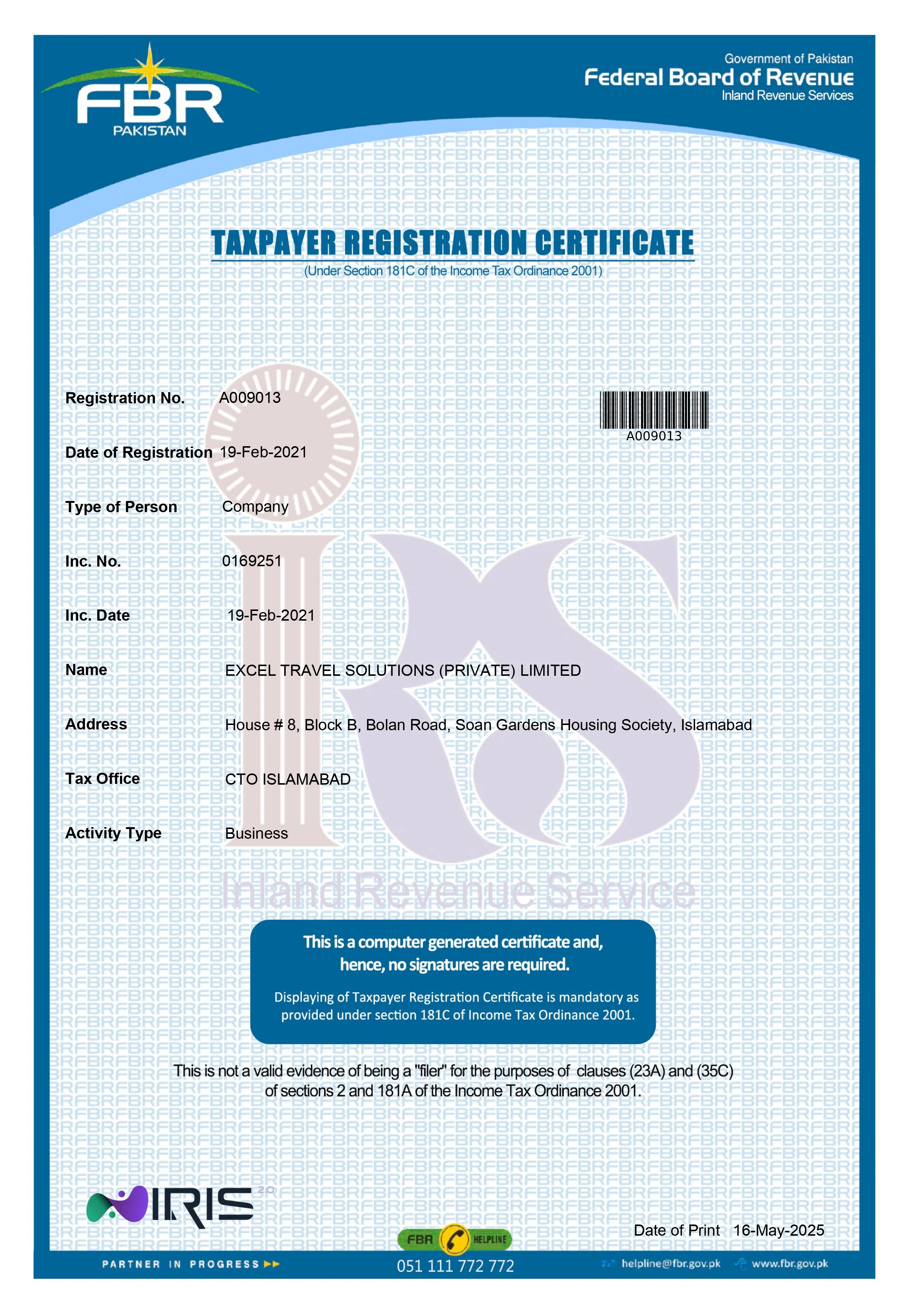 FBR NTN Registration - ETS - Excel Travel Solutions