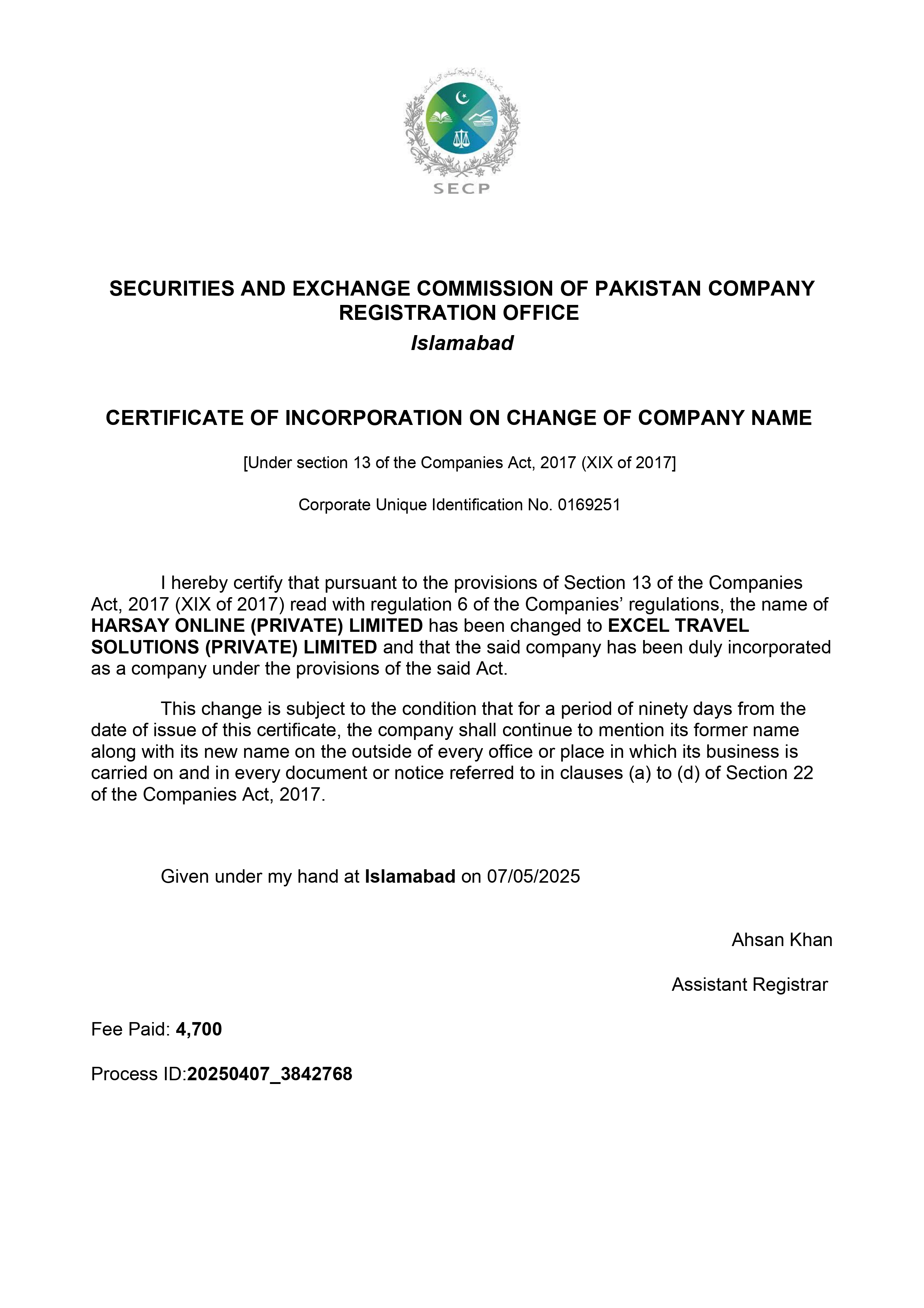 SECP Registration - ETS - Excel Travel Solutions